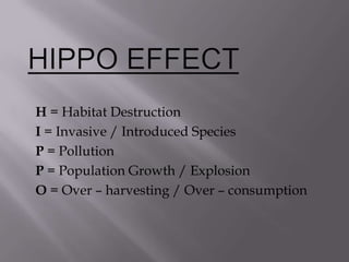 H = Habitat Destruction
I = Invasive / Introduced Species
P = Pollution
P = Population Growth / Explosion
O = Over – harvesting / Over – consumption
 