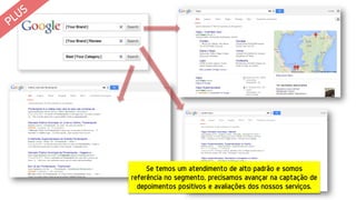 Se temos um atendimento de alto padrão e somos
referência no segmento, precisamos avançar na captação de
depoimentos positivos e avaliações dos nossos serviços.
 