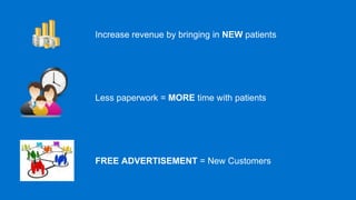 Increase revenue by bringing in NEW patients




Less paperwork = MORE time with patients




FREE ADVERTISEMENT = New Customers
 
