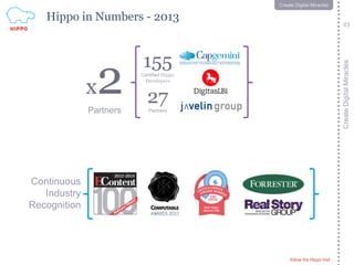 follow the Hippo trail
23
CreateDigitalMiracles
follow the Hippo trail
23
Create Digital Miracles
Hippo in Numbers - 2013
x2Partners
155Certified Hippo
Developers
27Partners
Continuous
Industry
Recognition
 