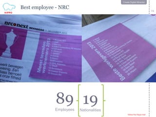 follow the Hippo trail
24
CreateDigitalMiracles
follow the Hippo trail
24
Create Digital Miracles
Best employee - NRC
89Employees
19Nationalities
 