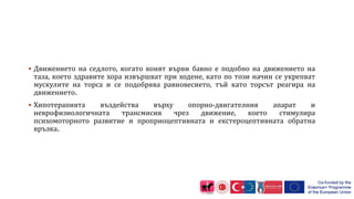  Движението на седлото, когато конят върви бавно е подобно на движението на
таза, което здравите хора извършват при ходене, като по този начин се укрепват
мускулите на торса и се подобрява равновесието, тъй като торсът реагира на
движението.
 Хипотерапията въздейства върху опорно-двигателния апарат и
неврофизиологичната трансмисия чрез движение, което стимулира
психомоторното развитие и проприоцептивната и екстероцептивната обратна
връзка.
 