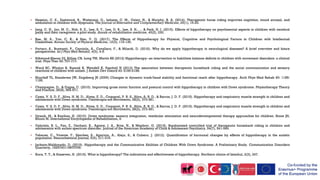  Hession, C. E., Eastwood, B., Watterson, D., Lehane, C. M., Oxley, N., & Murphy, B. A. (2014). Therapeutic horse riding improves cognition, mood arousal, and
ambulation in children with dyspraxia. The Journal of Alternative and Complementary Medicine, 20(1), 19-23.
 Jang, C. H., Joo, M. C., Noh, S. E., Lee, S. Y., Lee, D. B., Lee, S. H., ... & Park, H. I. (2016). Effects of hippotherapy on psychosocial aspects in children with cerebral
palsy and their caregivers: a pilot study. Annals of rehabilitation medicine, 40(2), 230.
 Bae, M. S., Yun, C. K., & Han, Y. G. (2017). The Effects of Hippotherapy for Physical, Cognitive and Psychological Factors in Children with Intellectual
Disabilities. Korean Society of Physical Medicine, 12(3), 119-130.
 Portaro, S., Bramanti, P., Cacciola, A., Cavallaro, F., & Milardi, D. (2016). Why do we apply hippotherapy in neurological diseases? A brief overview and future
perspectives. Int J Phys Med Rehabil, 4(3), 4-5.
 Silkwood-Sherer DJ, Killian CB, Long TM, Martin KS (2012) Hippotherapy--an intervention to habilitate balance deficits in children with movement disorders: a clinical
trial. Phys Ther 92: 707-717.
 Ward SC, Whalon K, Rusnak K, Wendell K, Paschall N (2013) The association between therapeutic horseback riding and the social communication and sensory
reactions of children with autism. J Autism Dev Disord 43: 2190-2198.
 Shurtleff TL, Standeven JW, Engsberg JR (2009) Changes in dynamic trunk/head stability and functional reach after hippotherapy. Arch Phys Med Rehab 90: 1185-
1195.
 Champagne, D., & Dugas, C. (2010). Improving gross motor function and postural control with hippotherapy in children with Down syndrome. Physiotherapy Theory
and Practice, 26(8), 564-571.
 Costa, V. S. D. F., Silva, H. M. D., Alves, E. D., Coquerel, P. R. S., Silva, A. R. D., & Barros, J. D. F. (2015). Hippotherapy and respiratory muscle strength in children and
adolescents with Down syndrome. Fisioterapia em Movimento, 28(2), 373-381.
 Costa, V. S. D. F., Silva, H. M. D., Alves, E. D., Coquerel, P. R. S., Silva, A. R. D., & Barros, J. D. F. (2015). Hippotherapy and respiratory muscle strength in children and
adolescents with Down syndrome. Fisioterapia em Movimento, 28(2), 373-381.
 Uyanik, M., & Kayihan, H. (2010). Down syndrome: sensory integration, vestibular stimulation and neurodevelopmental therapy approaches for children. Stone JH,
Blouin M. International Encyclopedia of Rehabilitation, 9.
 Gabriels, R. L., Pan, Z., Dechant, B., Agnew, J. A., Brim, N., & Mesibov, G. (2015). Randomized controlled trial of therapeutic horseback riding in children and
adolescents with autism spectrum disorder. Journal of the American Academy of Child & Adolescent Psychiatry, 54(7), 541-549.
 Tabares, C., Vicente, F., Sánchez, S., Aparicio, A., Alejo, S., & Cubero, J. (2012). Quantification of hormonal changes by effects of hippotherapy in the autistic
population. Neurochemical Journal, 6(4), 311-316.
 Jackson-Maldonado, D. (2019). Hippotherapy and the Communicative Abilities of Children With Down Syndrome: A Preliminary Study. Communication Disorders
Quarterly, 1525740119870769.
 Koca, T. T., & Ataseven, H. (2015). What is hippotherapy? The indications and effectiveness of hippotherapy. Northern clinics of Istanbul, 2(3), 247.
 