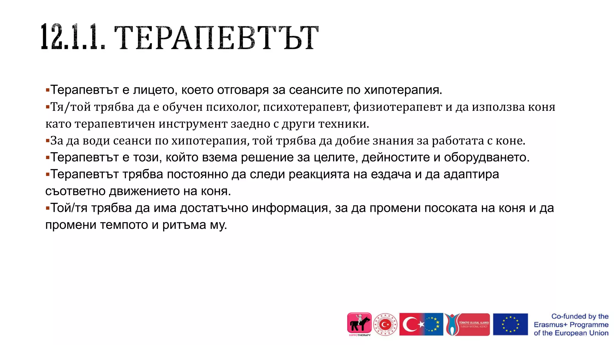 Терапевтът е лицето, което отговаря за сеансите по хипотерапия.
Тя/той трябва да е обучен психолог, психотерапевт, физиотерапевт и да използва коня
като терапевтичен инструмент заедно с други техники.
За да води сеанси по хипотерапия, той трябва да добие знания за работата с коне.
Терапевтът е този, който взема решение за целите, дейностите и оборудването.
Терапевтът трябва постоянно да следи реакцията на ездача и да адаптира
съответно движението на коня.
Той/тя трябва да има достатъчно информация, за да промени посоката на коня и да
промени темпото и ритъма му.
 