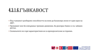  Под гъвкавост разбираме способността на коня да балансира лесно от един крак на
друг.
 Тромавият кон би извършвал тромави движения, би реагирал бавно и със забавен
ритъм.
 Споменатите по-горе характеристики не са препоръчителни за терапия.
 