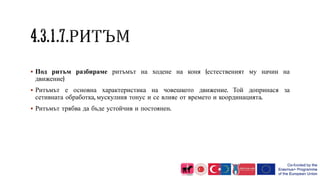  Под ритъм разбираме ритъмът на ходене на коня (естественият му начин на
движение)
 Ритъмът е основна характеристика на човешкото движение. Той допринася за
сетивната обработка, мускулния тонус и се влияе от времето и координацията.
 Ритъмът трябва да бъде устойчив и постоянен.
 