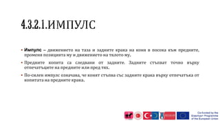  Импулс – движението на таза и задните крака на коня в посока към предните,
променя позицията му и движението на тялото му.
 Предните копита са следвани от задните. Задните стъпват точно върху
отпечатъците на предните или пред тях.
 По-силен импулс означава, че конят стъпва със задните крака върху отпечатъка от
копитата на предните крака.
 