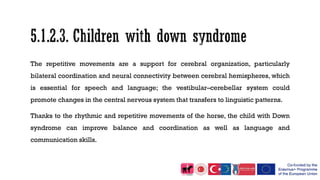 The repetitive movements are a support for cerebral organization, particularly
bilateral coordination and neural connectivity between cerebral hemispheres, which
is essential for speech and language; the vestibular–cerebellar system could
promote changes in the central nervous system that transfers to linguistic patterns.
Thanks to the rhythmic and repetitive movements of the horse, the child with Down
syndrome can improve balance and coordination as well as language and
communication skills.
 