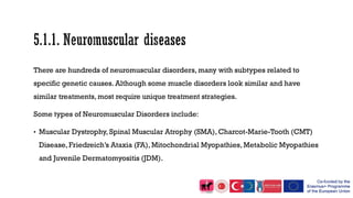 There are hundreds of neuromuscular disorders, many with subtypes related to
specific genetic causes. Although some muscle disorders look similar and have
similar treatments, most require unique treatment strategies.
Some types of Neuromuscular Disorders include:
• Muscular Dystrophy, Spinal Muscular Atrophy (SMA), Charcot-Marie-Tooth (CMT)
Disease, Friedreich’s Ataxia (FA), Mitochondrial Myopathies, Metabolic Myopathies
and Juvenile Dermatomyositis (JDM).
 