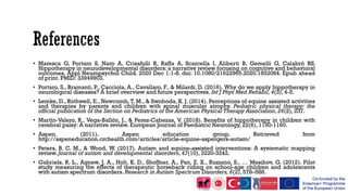 • Maresca G, Portaro S, Naro A, Crisafulli R, Raffa A, Scarcella I, Aliberti B, Gemelli G, Calabrò RS.
Hippotherapy in neurodevelopmental disorders: a narrative review focusing on cognitive and behavioral
outcomes. Appl Neuropsychol Child. 2020 Dec 1:1-8. doi: 10.1080/21622965.2020.1852084. Epub ahead
of print. PMID: 33949903.
• Portaro, S., Bramanti, P., Cacciola, A., Cavallaro, F., & Milardi, D. (2016). Why do we apply hippotherapy in
neurological diseases? A brief overview and future perspectives. Int J Phys Med Rehabil, 4(3), 4-5.
• Lemke, D., Rothwell, E., Newcomb, T. M., & Swoboda, K. J. (2014). Perceptions of equine assisted activities
and therapies by parents and children with spinal muscular atrophy. Pediatric physical therapy: the
official publication of the Section on Pediatrics of the American Physical Therapy Association, 26(2), 237.
• Martín-Valero, R., Vega-Ballón, J., & Perez-Cabezas, V. (2018). Benefits of hippotherapy in children with
cerebral palsy: A narrative review. European Journal of Paediatric Neurology, 22(6), 1150-1160.
• Aspen. (2011). Aspen education group. Retrieved from
http://aspeneducation.crchealth.com/articles/article-equine-aspergers-autism/
• Peters, B. C. M., & Wood, W. (2017). Autism and equine-assisted interventions: A systematic mapping
review. Journal of autism and developmental disorders, 47(10), 3220-3242.
• Gabriels, R. L., Agnew, J. A., Holt, K. D., Shoffner, A., Pan, Z. X., Ruzzano, S., … Mesibov, G. (2012). Pilot
study measuring the effects of therapeutic horseback riding on school-age children and adolescents
with autism spectrum disorders. Research in Autism Spectrum Disorders, 6(2), 578–588.
 