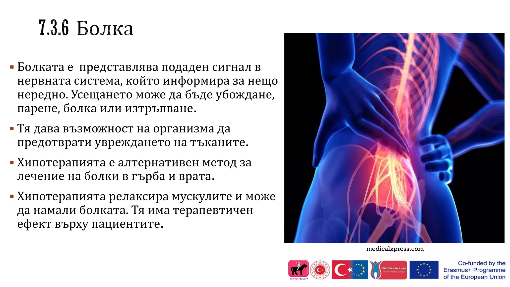  Болката е представлява подаден сигнал в
нервната система, който информира за нещо
нередно. Усещането може да бъде убождане,
парене, болка или изтръпване.
 Тя дава възможност на организма да
предотврати увреждането на тъканите.
 Хипотерапията е алтернативен метод за
лечение на болки в гърба и врата.
 Хипотерапията релаксира мускулите и може
да намали болката. Тя има терапевтичен
ефект върху пациентите.
medicalxpress.com
 