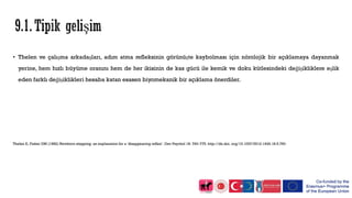 • Thelen ve çalışma arkadaşları, adım atma refleksinin görünüşte kaybolması için nörolojik bir açıklamaya dayanmak
yerine, hem hızlı büyüme oranını hem de her ikisinin de kas gücü ile kemik ve doku kütlesindeki değişikliklere eşlik
eden farklı değişiklikleri hesaba katan esasen biyomekanik bir açıklama önerdiler.
Thelen E, Fisher DM (1982) Newborn stepping: an explanation for a ‘disappearing reflex’. Dev Psychol 18: 760–775. http://dx.doi. org/10.1037/0012-1649.18.5.760
 