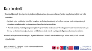 • Postürel kontrol, tüm hareketlerin kontrolünün altını çizen ve dolayısıyla tüm hareketleri etkileyen kilit
unsurdur.
• Sırt üstü yatan yeni doğan bebekler bir yüzey tarafından desteklenir ve böylece postural pozisyonlarını kontrol
etmek zorunda kalmadan başlarını ve uzuvlarını hareket ettirebilirler.
• Bununla birlikte, yüzüstü pozisyonları yüzüstü pozisyonları başları ve uzuvları ile yapabileceklerini sınırlar ve başka
bir kişi tarafından tutulduğunda, nasıl tutulduklarına bağlı olarak çeşitli postüral pozisyonlarda yerleştirilirler.
• Bebekler için önemli bir başarı, diğer hareketleri kontrol edebilmeleri için kendi duruşlarını kontrol
etmeleridir.
Scharf, R. J., Scharf, G. J., & Stroustrup, A. (2016). Developmental Milestones.
Pediatrics in review, 37(1), 25-37
 