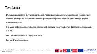 • Doğum sonrası ilk yıl boyunca, bir bebek yüzüstü yatmaktan yuvarlanmaya, el ve dizlerinin
üzerine çıkmaya ve nihayetinde oturma pozisyonuna gelme veya ayağa kalkmaya geçme
aşamasına geçer.
• 5-6 aylık bebek dönmeye başlar (segmental olmayan rotasyon boyun düzeltme reaksiyonu ile
0-6 ay).
• Dört aylıkken önden arkaya yuvarlanır
• Beş aylıkken öne döner.
Gerber, R. J., Wilks, T., & Erdie-Lalena, C. (2010). Developmental milestones: motor development. Pediatrics in
Review, 31(7), 267-277.
 