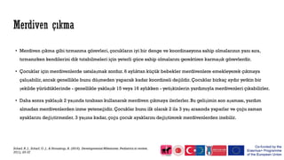 • Merdiven çıkma gibi tırmanma görevleri, çocukların iyi bir denge ve koordinasyona sahip olmalarının yanı sıra,
tırmanırken kendilerini dik tutabilmeleri için yeterli güce sahip olmalarını gerektiren karmaşık görevlerdir.
• Çocuklar için merdivenlerde ustalaşmak zordur. 6 aylıktan küçük bebekler merdivenlere emekleyerek çıkmaya
çalışabilir, ancak genellikle bunu düşmeden yapacak kadar koordineli değildir. Çocuklar birkaç aydır yetkin bir
şekilde yürüdüklerinde - genellikle yaklaşık 15 veya 16 aylıkken - yetişkinlerin yardımıyla merdivenleri çıkabilirler.
• Daha sonra yaklaşık 2 yaşında tırabzan kullanarak merdiven çıkmaya ilerlerler. Bu gelişimin son aşaması, yardım
almadan merdivenlerden inme yeteneğidir. Çocuklar bunu ilk olarak 2 ila 3 yaş arasında yaparlar ve çoğu zaman
ayaklarını değiştirmezler. 3 yaşına kadar, çoğu çocuk ayaklarını değiştirerek merdivenlerden inebilir.
Scharf, R. J., Scharf, G. J., & Stroustrup, A. (2016). Developmental Milestones. Pediatrics in review,
37(1), 25-37
 