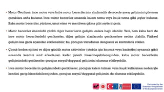 • Motor Gecikme, ince motor veya kaba motor becerilerinin alışılmadık derecede yavaş gelişimini gösteren
çocuklara atıfta bulunur. İnce motor beceriler arasında kalem tutma veya kaşık tutma gibi şeyler bulunur.
Kaba motor beceriler, yürüme, umut etme ve merdiven çıkma gibi şeyleri içerir.
• Motor beceriler önemlidir çünkü diğer becerilerin gelişimi onlara bağlı olabilir. Yani, hem kaba hem de
ince motor becerilerdeki gecikmeler, diğer gelişim alanlarında gecikmelere neden olabilir. Fiziksel
gelişim kas gücü açısından etkilenebilir; bu, çocuğun vücudunun dengesini ve kontrolünü etkiler.
• Çocuk beden eğitimi ve diğer günlük motor aktiviteler (otobüs için koşmak veya basketbol oynamak gibi)
sırasında kendini sınıf arkadaşları kadar yeterli hissetmeyebileceğinden, kaba motor becerilerin
gelişimindeki gecikmeler çocuğun sosyal/duygusal gelişimini olumsuz etkileyebilir.
• İnce motor becerilerin gelişimindeki gecikmeler, çocuğun kalem tutması veya kaşık kullanması nedeniyle
kendini garip hissedebileceğinden, çocuğun sosyal/duygusal gelişimini de olumsuz etkileyebilir.
 