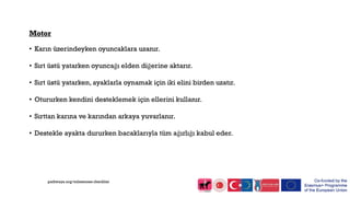 Motor
• Karın üzerindeyken oyuncaklara uzanır.
• Sırt üstü yatarken oyuncağı elden diğerine aktarır.
• Sırt üstü yatarken, ayaklarla oynamak için iki elini birden uzatır.
• Otururken kendini desteklemek için ellerini kullanır.
• Sırttan karına ve karından arkaya yuvarlanır.
• Destekle ayakta dururken bacaklarıyla tüm ağırlığı kabul eder.
pathways.org/milestones checklist
 