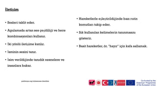 İletişim
• Sesleri taklit eder.
• Agulamada artan ses çeşitliliği ve hece
kombinasyonları kullanır.
• İki yönlü iletişime katılır.
• İsminin sesini tanır.
• İsim verildiğinde tanıdık nesnelere ve
insanlara bakar.
• Hareketlerle eşleştirildiğinde bazı rutin
komutları takip eder.
• Sık kullanılan kelimelerin tanınmasını
gösterir.
• Basit hareketler, ör. "hayır" için kafa sallamak.
pathways.org/milestones checklist
 