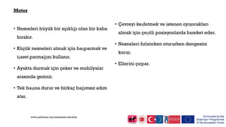 Motor
• Nesneleri büyük bir açıklığı olan bir kaba
bırakır.
• Küçük nesneleri almak için başparmak ve
işaret parmağını kullanır.
• Ayakta durmak için çeker ve mobilyalar
arasında gezinir.
• Tek başına durur ve birkaç bağımsız adım
atar.
• Çevreyi keşfetmek ve istenen oyuncakları
almak için çeşitli pozisyonlarda hareket eder.
• Nesneleri fırlatırken otururken dengesini
korur.
• Ellerini çırpar.
www.pathways.org/milestones checklist
 