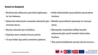 Sosyal ve duygusal
• Başkalarıyla etkileşime girmekle ilgileniyor,
ör. bir baksana.
• Eğlenceli etkileşimler sırasında insanlarla göz
temasını korur.
• Kucağa alınmak için el kaldırır.
• Çağrılan isme cevaben başını çevirir.
• 12 aya kadar ilgi çekici nesneleri gösterir.
• Farklı dokulardaki oyuncaklarla oynamaktan
hoşlanır.
• Müzikli oyuncaklarla oynamayı ve vurmayı
sever.
• Ebeveynler tarafından hafifçe havada
sallanmak gibi çeşitli hareket türlerinden
hoşlanır.
• Yere yerleştirildiğinde çevreyi sık sık araştırır.
pathways.org/milestones checklist
 