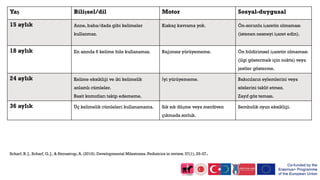 Yaş Bilişsel/dil Motor Sosyal-duygusal
15 aylık Anne, baba/dada gibi kelimeler
kullanmaz.
Kıskaç kavrama yok. Ön-zorunlu işaretin olmaması
(istenen nesneyi işaret edin).
18 aylık En azında 6 kelime bile kullanamaz. Bağımsız yürüyememe. Ön bildirimsel işaretin olmaması
(ilgi göstermek için nokta) veya
jestler gösterme.
24 aylık Kelime eksikliği ve iki kelimelik
anlamlı cümleler.
Basit komutları takip edememe.
İyi yürüyememe. Bakıcıların eylemlerini veya
sözlerini taklit etmez.
Zayıf göz teması.
36 aylık Üç kelimelik cümleleri kullanamama. Sık sık düşme veya merdiven
çıkmada zorluk.
Sembolik oyun eksikliği.
Scharf, R. J., Scharf, G. J., & Stroustrup, A. (2016). Developmental Milestones. Pediatrics in review, 37(1), 25-37.
 