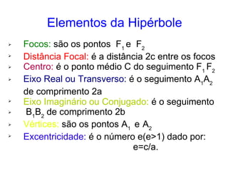 Elementos da Hipérbole
   Focos: são os pontos F1 e F2

    Distância Focal: é a distância 2c entre os focos
   Centro: é o ponto médio C do seguimento F1 F2
   Eixo Real ou Transverso: é o seguimento A1A2
    de comprimento 2a

    Eixo Imaginário ou Conjugado: é o seguimento
   B1B2 de comprimento 2b
   Vértices: são os pontos A1 e A2

    Excentricidade: é o número e(e>1) dado por:
                               e=c/a.
 