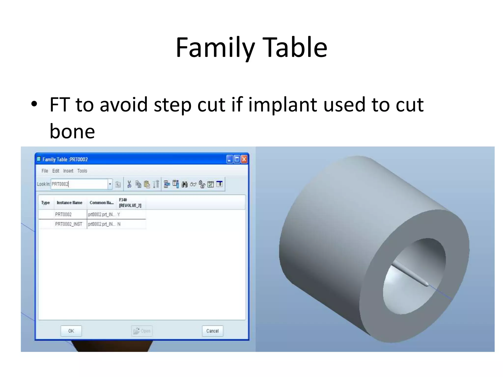 Family TableFT to avoid step cut if implant used to cut bone 