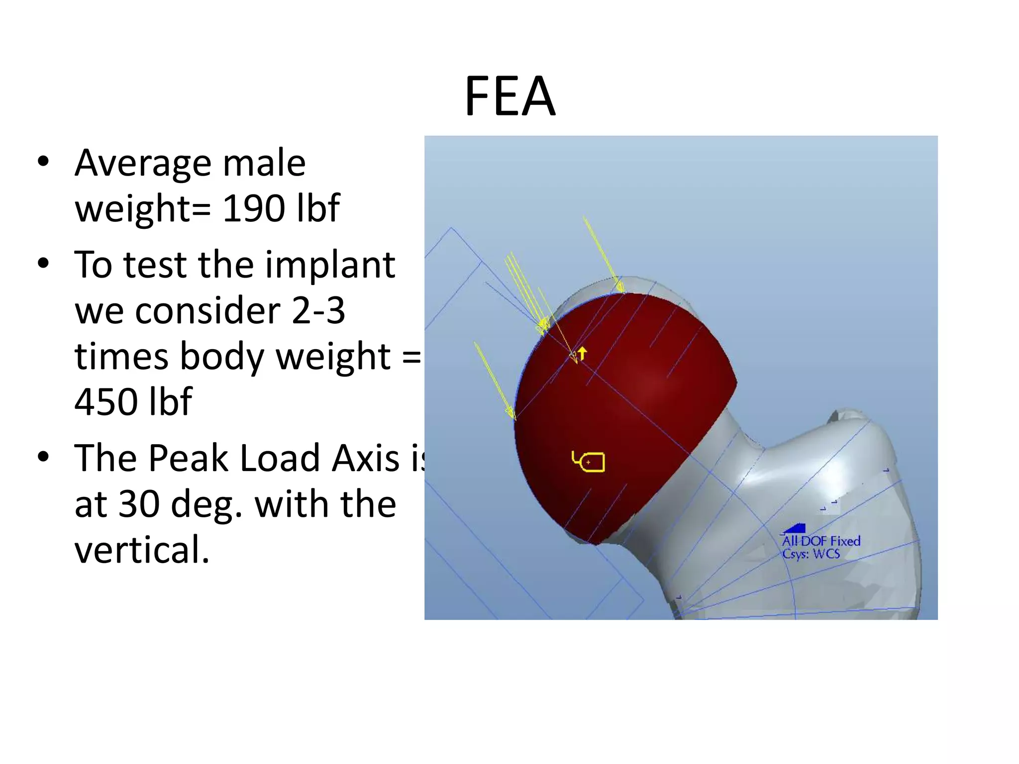 FEAAverage male weight= 190 lbfTo test the implant we consider 2-3 times body weight = 450 lbfThe Peak Load Axis is at 30 deg. with the vertical.