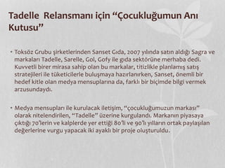 Tadelle Relansmanı için “Çocukluğumun Anı 
Kutusu” 
• Toksöz Grubu şirketlerinden Sanset Gıda, 2007 yılında satın aldığı Sagra ve 
markaları Tadelle, Sarelle, Gol, Gofy ile gıda sektörüne merhaba dedi. 
Kuvvetli birer mirasa sahip olan bu markalar, titizlikle planlamış satış 
stratejileri ile tüketicilerle buluşmaya hazırlanırken, Sanset, önemli bir 
hedef kitle olan medya mensuplarına da, farklı bir biçimde bilgi vermek 
arzusundaydı. 
• Medya mensupları ile kurulacak iletişim, “çocukluğumuzun markası” 
olarak nitelendirilen, “Tadelle” üzerine kurgulandı. Markanın piyasaya 
çıktığı 70′lerin ve kalplerde yer ettiği 80′li ve 90′lı yılların ortak paylaşılan 
değerlerine vurgu yapacak iki ayaklı bir proje oluşturuldu. 
 