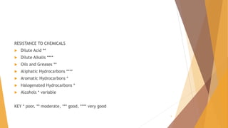 RESISTANCE TO CHEMICALS
 Dilute Acid **
 Dilute Alkalis ****
 Oils and Greases **
 Aliphatic Hydrocarbons ****
 Aromatic Hydrocarbons *
 Halogenated Hydrocarbons *
 Alcohols * variable
KEY * poor, ** moderate, *** good, **** very good
5
 