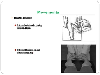 Movements
❖ Internal rotation
● Internal rotationin90deg
flexion(45deg)
● Internal Rotation infull
extension(45deg)
 