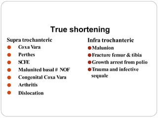 Supra trochanteric
●
●
●
●
●
●
●
Coxa V
ara
Perthes
SCFE
Malunited basal # NOF
Congenital Coxa Vara
Arthritis
Dislocation
Infra trochanteric
●Malunion
●Fracture femur & tibia
●Growth arrest from polio
●Trauma and infective
sequale
True shortening
 