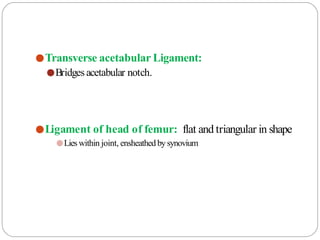 ●Transverse acetabular Ligament:
●Bridges acetabular notch.
●Ligament of head of femur: flat and triangular in shape
●Lies within joint, ensheathed by synovium
 