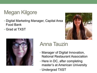 Megan Kilgore
• Digital Marketing Manager, Capital Area
Food Bank
• Grad at TXST
Anna Tauzin
• Manager of Digital Innovation,
National Restaurant Association
• Here in DC, after completing
master’s at American University
• Undergrad TXST
 