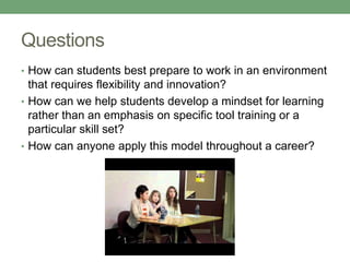 Questions 
• How can students best prepare to work in an environment 
that requires flexibility and innovation? 
• How can we help students develop a mindset for learning 
rather than an emphasis on specific tool training or a 
particular skill set? 
• How can anyone apply this model throughout a career? 
 