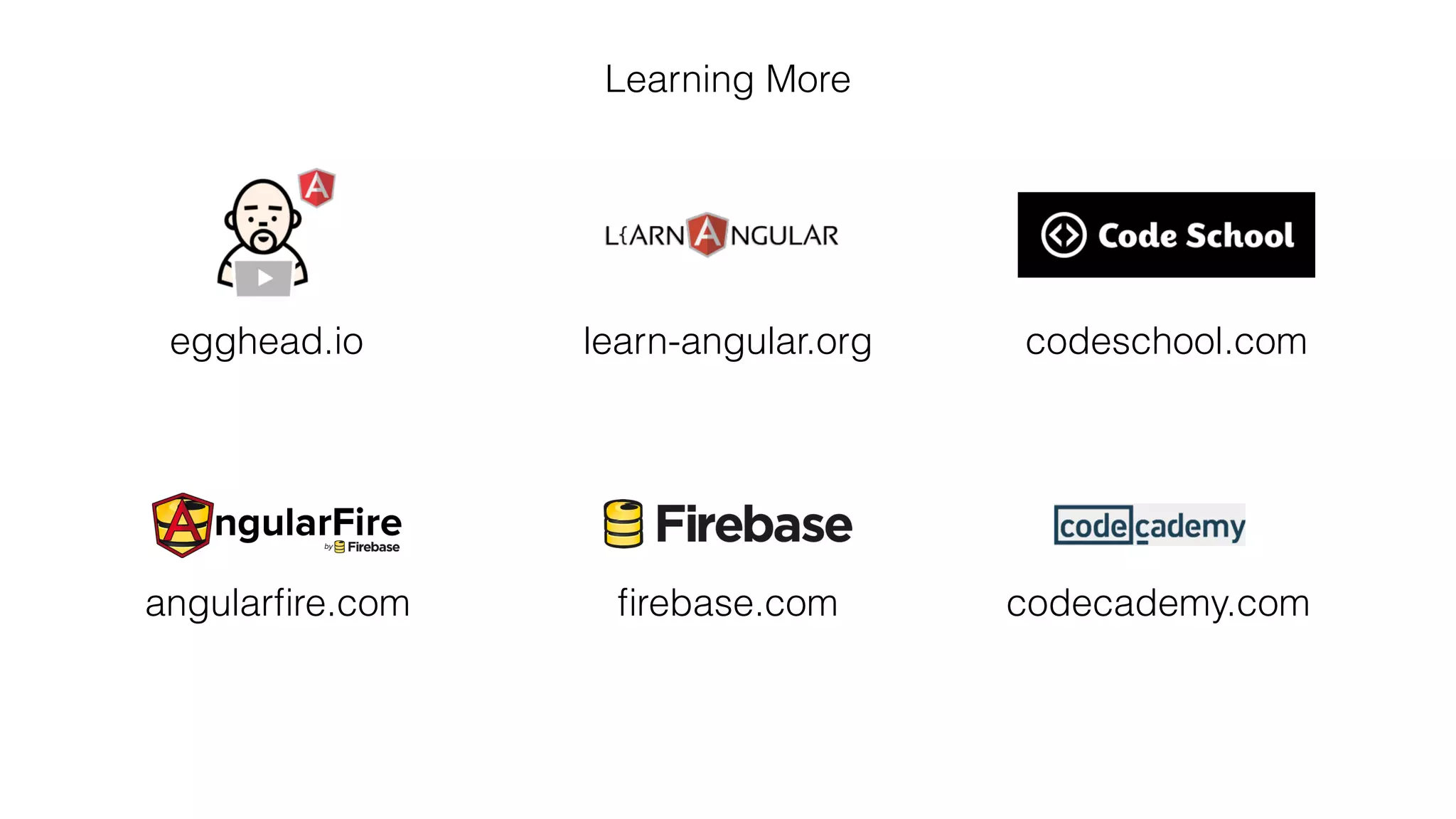 Learning More
egghead.io learn-angular.org codeschool.com
ﬁrebase.com codecademy.comangularﬁre.com
 