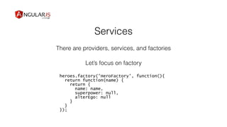 Services
There are providers, services, and factories
Let’s focus on factory
heroes.factory('HeroFactory', function(){
return function(name) {
return {
name: name,
superpower: null,
alterEgo: null
}
}
});
 