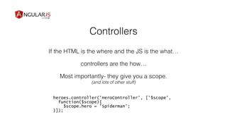 Controllers
If the HTML is the where and the JS is the what…
controllers are the how…
Most importantly- they give you a scope.
(and lots of other stuff)
heroes.controller('HeroController', ['$scope',
function($scope){
$scope.hero = 'Spiderman';
}]);
 