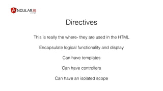 Directives
This is really the where- they are used in the HTML
Encapsulate logical functionality and display
Can have templates
Can have controllers
Can have an isolated scope
 