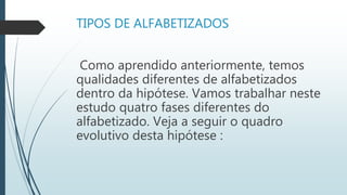 TIPOS DE ALFABETIZADOS
Como aprendido anteriormente, temos
qualidades diferentes de alfabetizados
dentro da hipótese. Vamos trabalhar neste
estudo quatro fases diferentes do
alfabetizado. Veja a seguir o quadro
evolutivo desta hipótese :
 