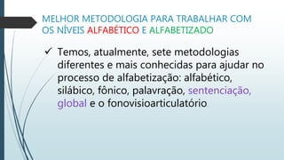 MELHOR METODOLOGIA PARA TRABALHAR COM
OS NÍVEIS ALFABÉTICO E ALFABETIZADO
 Temos, atualmente, sete metodologias
diferentes e mais conhecidas para ajudar no
processo de alfabetização: alfabético,
silábico, fônico, palavração, sentenciação,
global e o fonovisioarticulatório.
 