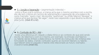  5 – Junção e Separação – (segmentação indevida) –
como o fluxo oral é contínuo, a criança acha que o mesmo acontece com a escrita,
ela não tem critérios em termos de segmentação e separação de uma palavra de
outra. Exemplo: “quero mais” ela escreve “queromais” ou então falamos “devagar” e
criança acha que escreve “de vagar”, neste caso separando o que deveria na escrita
estar junto. (nível A1 e A2).
 6– Confusão de ÃO – AM –
Existe uma diferença em relação a sílaba tônica e ao contexto do que está sendo
escrito. Ao falarmos o som é o mesmo, por exemplo: na emissão oral falamos
ou falarão dando ênfase a sílaba tônica, na mente da criança ela não enfatiza esta
tonicidade da sílaba, criando confusões quanto ao escrever falaram ou falarão.
que falaram está no passado e falarão está relacionado ao futuro. Exemplos:
criaram/criarão.(nível A3).
 