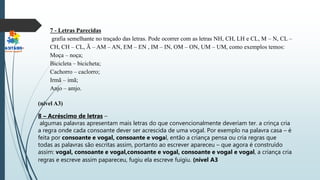 7 - Letras Parecidas
grafia semelhante no traçado das letras. Pode ocorrer com as letras NH, CH, LH e CL, M – N, CL –
CH, CH – CL, Ã – AM – AN, EM – EN , IM – IN, OM – ON, UM – UM, como exemplos temos:
Moça – noça;
Bicicleta – bicicheta;
Cachorro – caclorro;
Irmã – imã;
Anjo – amjo.
(nível A3)
8 – Acréscimo de letras –
algumas palavras apresentam mais letras do que convencionalmente deveriam ter. a crinça cria
a regra onde cada consoante dever ser acrescida de uma vogal. Por exemplo na palavra casa – é
feita por consoante e vogal, consoante e vogal, então a criança pensa ou cria regras que
todas as palavras são escritas assim, portanto ao escrever apareceu – que agora é construído
assim: vogal, consoante e vogal,consoante e vogal, consoante e vogal e vogal, a criança cria
regras e escreve assim papareceu, fugiu ela escreve fuigiu. (nível A3
 