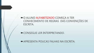 O ALUNO ALFABETIZADO COMEÇA A TER
CONHECIMENTO DE REGRAS DAS CONVENÇÕES DE
ESCRITA.
CONSEGUE LER INTERPRETANDO.
APRESENTA POUCAS FALHAS NA ESCRITA.
 