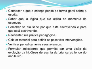  Conhecer o que a criança pensa de forma geral sobre a
escrita;
 Saber qual a lógica que ela utiliza no momento de
escrever;
 Perceber se ela sabe por que está escrevendo e para
que está escrevendo.
 Reorientar sua prática pedagógica.
 Coletar material para definir as possíveis intervenções.
 Verificar periodicamente seus avanços.
 Formular indicadores que permita dar uma visão da
evolução da hipótese de escrita da criança ao longo do
ano letivo.
 