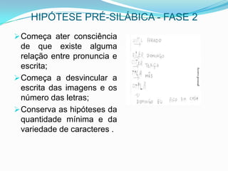 HIPÓTESE PRÉ-SILÁBICA - FASE 2
Começa ater consciência
de que existe alguma
relação entre pronuncia e
escrita;
Começa a desvincular a
escrita das imagens e os
número das letras;
Conserva as hipóteses da
quantidade mínima e da
variedade de caracteres .
 