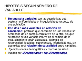 HIPOTESIS SEGÚN NÚMERO DE VARIABLES De una sola variable : son las descriptivas que postulan uniformidades o  irregularidades respecto de una población. Con dos o más variables   en relación de asociación : postulan que el cambio de una variable se acompaña de un cambio correlativo de la otra, sin que se precise si una variable influye en el cambio de la otra, solamente están asociadas.  Ejemplo de reciprocidad, igualdad, superioridad, inferioridad etc. sin que exista una  relación de causalidad  entre variables. Ejemplo son las demográficas y muchas de salud. Pueden ser  Direccionales  y  No Direccionales   
