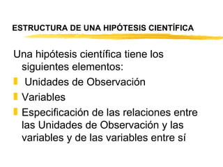 ESTRUCTURA DE UNA HIPÓTESIS CIENTÍFICA Una hipótesis científica tiene los siguientes elementos:   Unidades de Observación Variables Especificación de las relaciones entre las Unidades de Observación y las variables y de las variables entre sí 