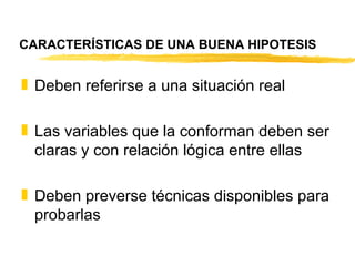 CARACTERÍSTICAS DE UNA BUENA HIPOTESIS Deben referirse a una situación real Las variables que la conforman deben ser claras y con relación lógica entre ellas Deben preverse técnicas disponibles para probarlas 