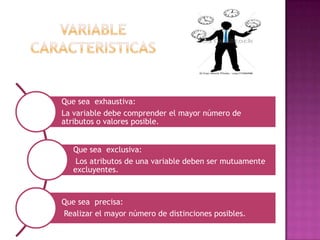 Que sea exhaustiva:
La variable debe comprender el mayor número de
atributos o valores posible.
Que sea exclusiva:
Los atributos de una variable deben ser mutuamente
excluyentes.

Que sea precisa:
Realizar el mayor número de distinciones posibles.

 